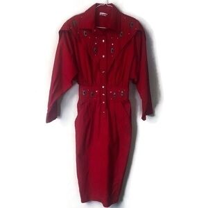 vintage neiman marcus womens red stretch waist Dress metal and gem accents sz 10